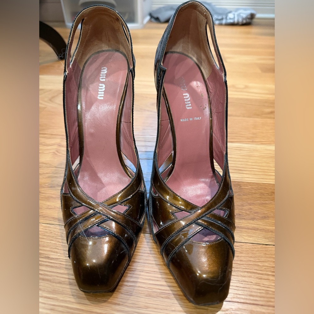 Miu Miu Bronze Patent Crisscross Pumps with Pink Insole